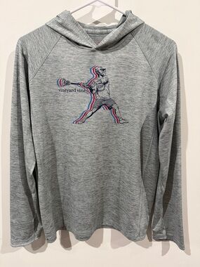 Vineyard Vines Men’s Gray Hooded Long-Sleeve Shirt - lacrosse Graphic